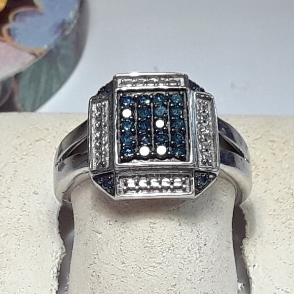 .29ctw Real Blue Diamond Retangal Modern Gnts/Lds Sterling Silver Ring #19899 - Picture 2 of 5
